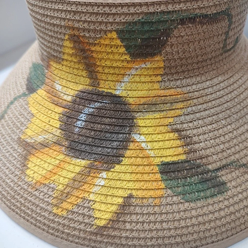 Women Wide Brim Hand‎ Painted Paper Hat Adjustable Open Top Sweat Band Brown Bow